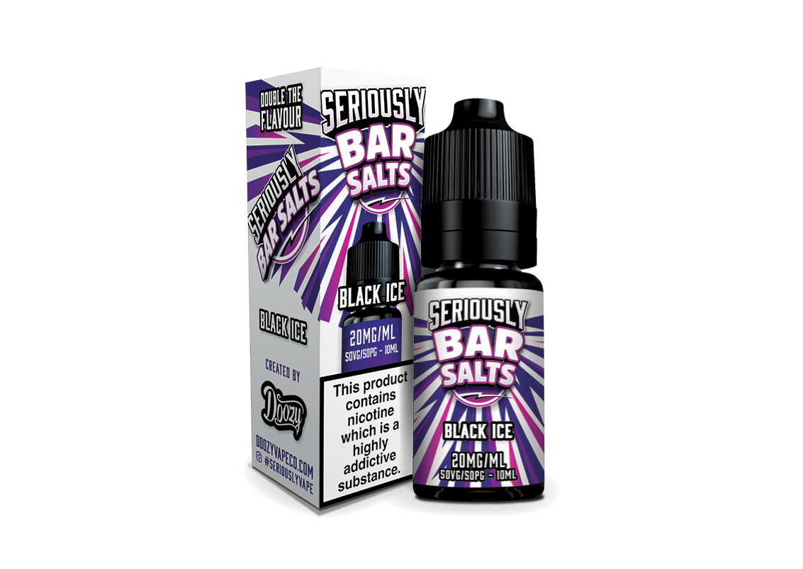Seriously Bar Salts Black Ice vape juice bottle and packaging on a white background