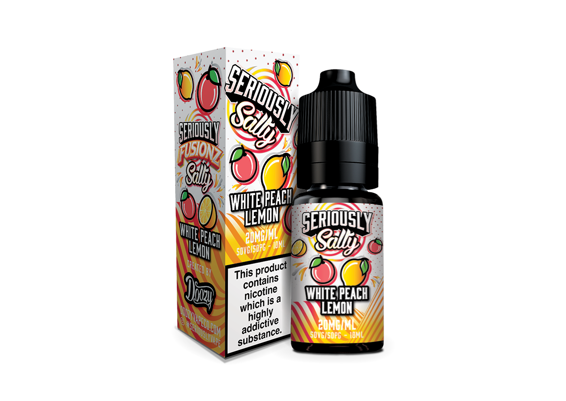 Seriously Salty White Peach Lemon vape juice bottle and packaging on a white background