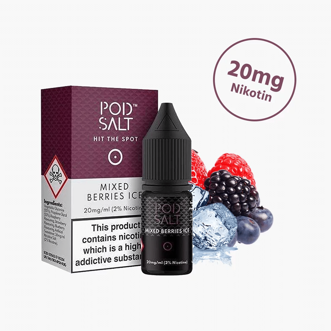 POD Salt Mixed Berries Ice e-liquid bottle and packaging with berries and ice on a white background
