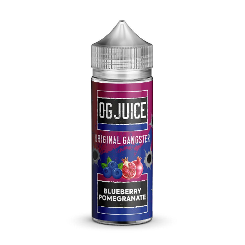 Vape juice bottle labeled 'OG Juice Original Gangster Blueberry Pomegranate' on a white background