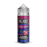 Vape juice bottle labeled 'OG Juice Original Gangster Blueberry Pomegranate' on a white background