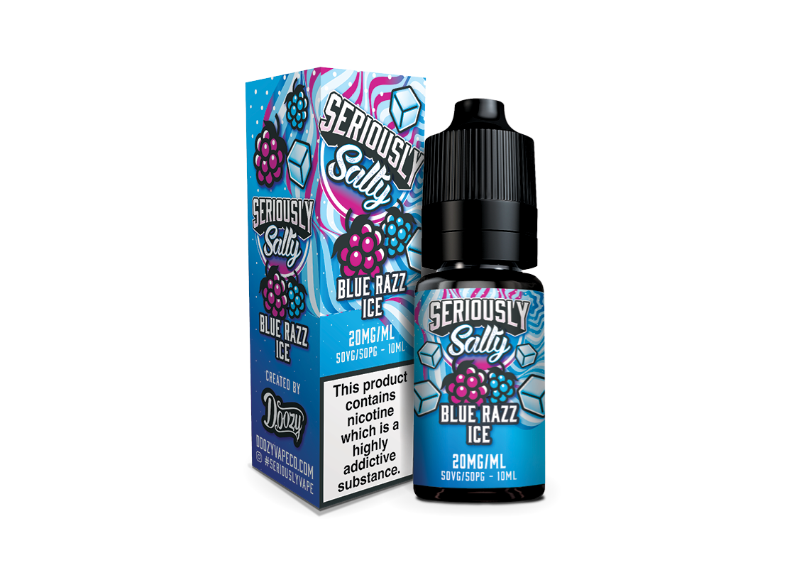 Seriously Salty Blue Razz Ice vape juice bottle and packaging on a white background