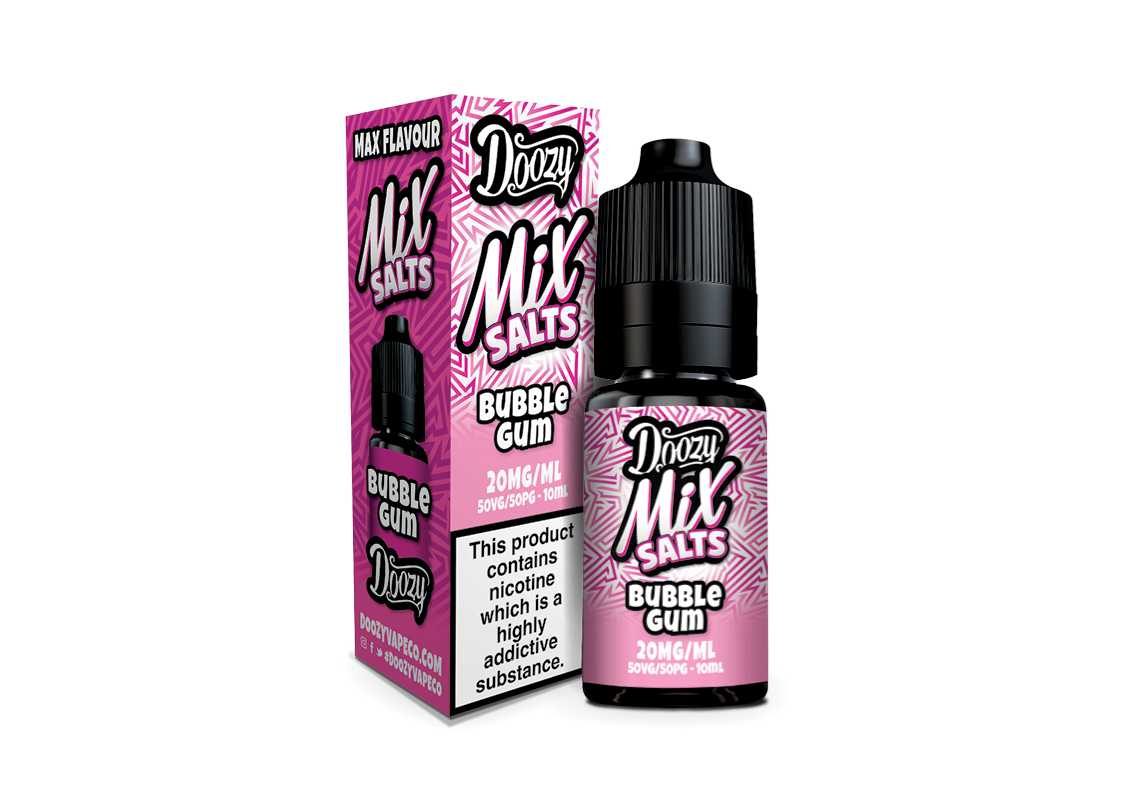 Doozy Mix Salts Bubble Gum e-liquid bottle and packaging on a white background