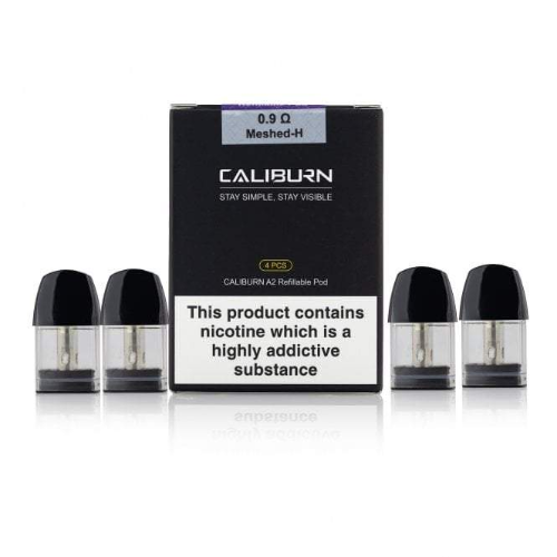 Caliburn vape pods packaging with four pods on a white background