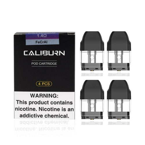 Caliburn pod cartridge packaging with four pods on a white background