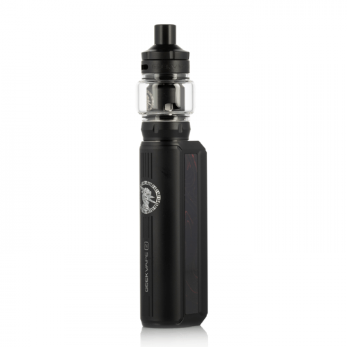 Black vape device with visible branding on a white background