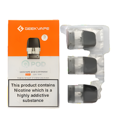 Geekvape Q Pod vaping device packaging with nicotine warning label on a white background