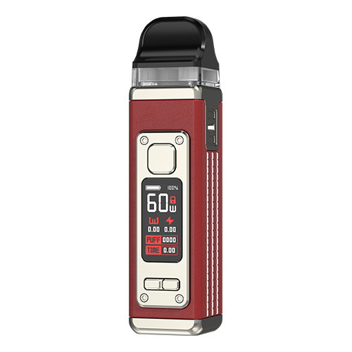 Red and black vape device with digital display on a white background