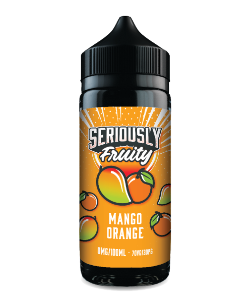 Mango orange vape juice bottle with 'Seriously Fruity' branding on a white background