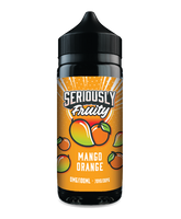 Mango orange vape juice bottle with 'Seriously Fruity' branding on a white background