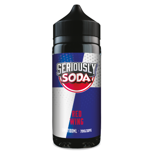 Seriously Soda bottle with red, white, and blue design on a white background