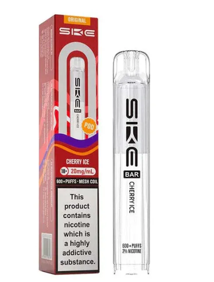 SKE vaping device and packaging on a white background-SKE CRYSTAL POD 600 cherry_ice