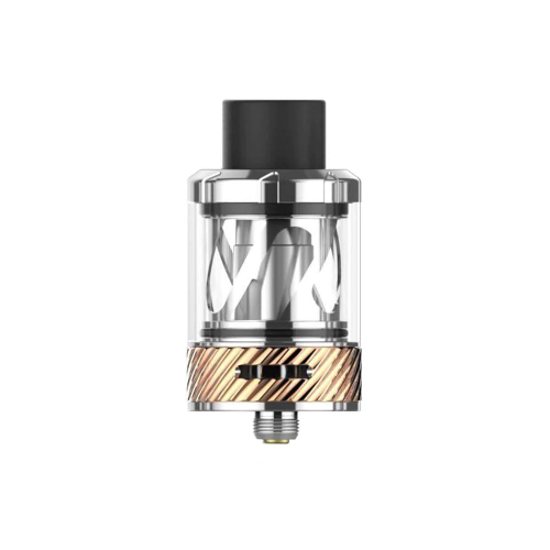 Vape tank with black and gold design on a white background