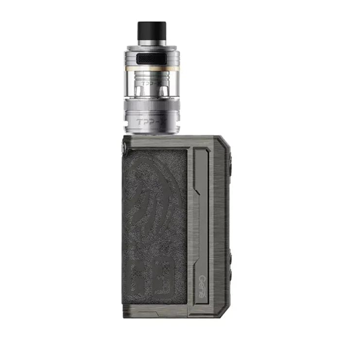 Vaping device with a metallic top and textured black body on a white background