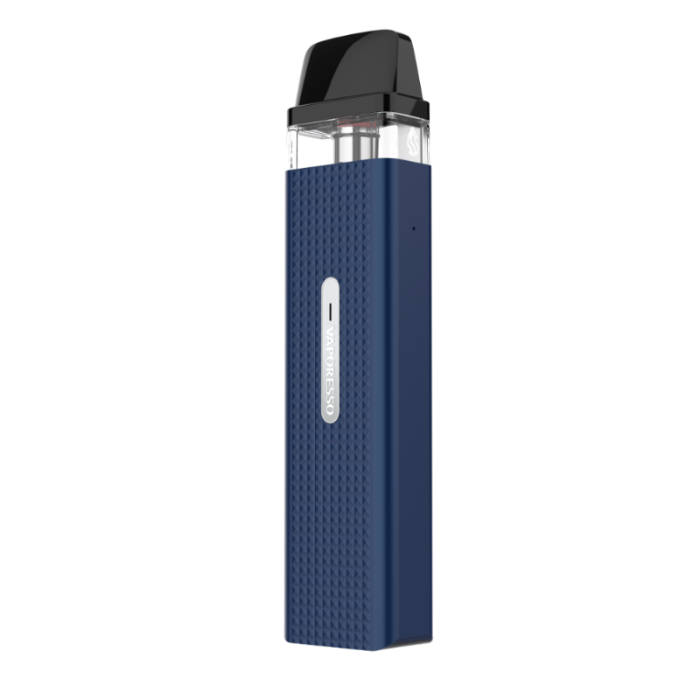 Blue vape device with black top on a white background