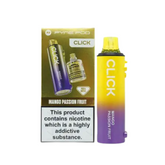 Click vape device with mango passion fruit flavor and packaging on a white background
