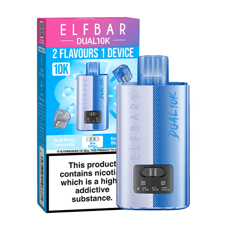Blue ELF BAR Dual10K vaping device with packaging on a white background