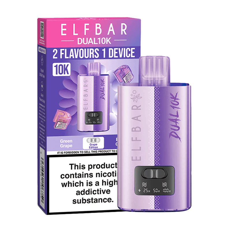 Purple ELF BAR Dual10K vaping device with packaging on a white background