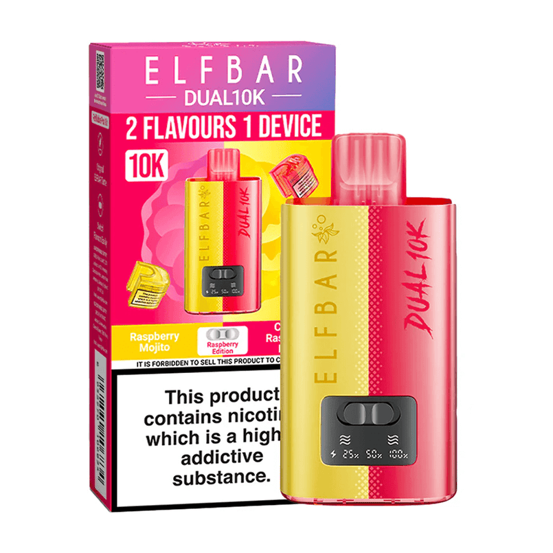 Elf Bar Dual 10K vape device and packaging on a white background