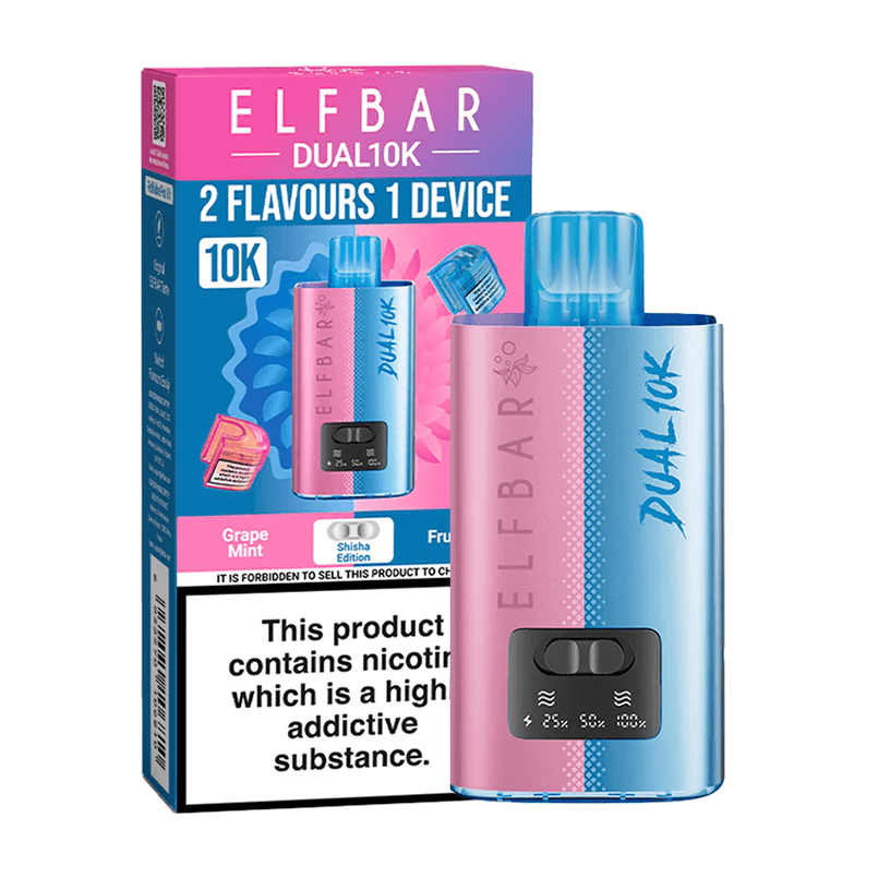 Pink and blue ELF BAR Dual10K vape device with packaging on a white background