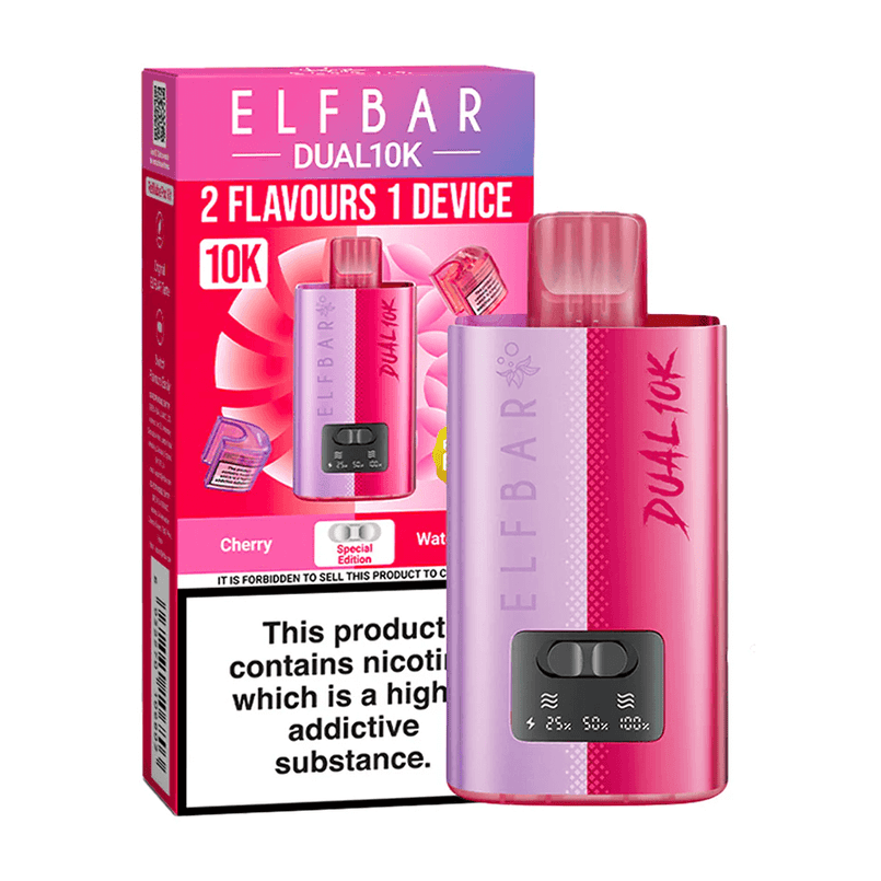 Pink ELF BAR Dual10K vaping device with packaging on a white background