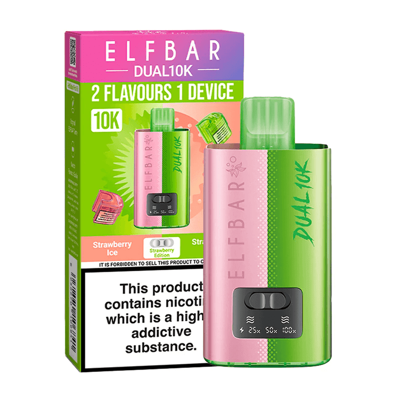 Green and pink ELF BAR Dual10K vape device with packaging on a white background