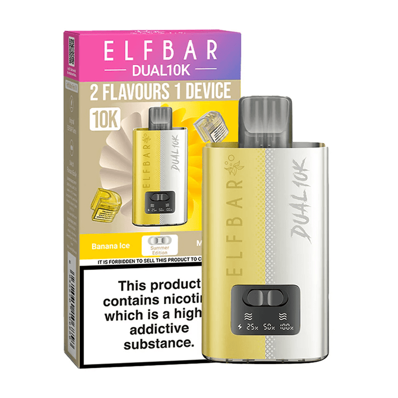 Elf Bar Dual10K vaping device and packaging on a white background