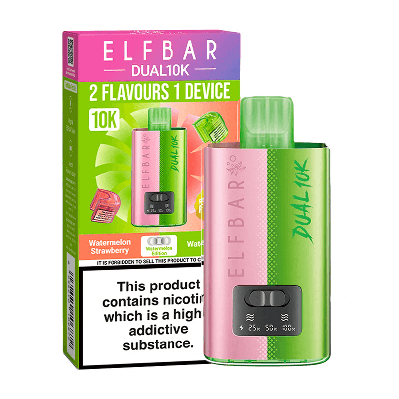 Pink and green ELF BAR Dual10K vape device with packaging on a white background