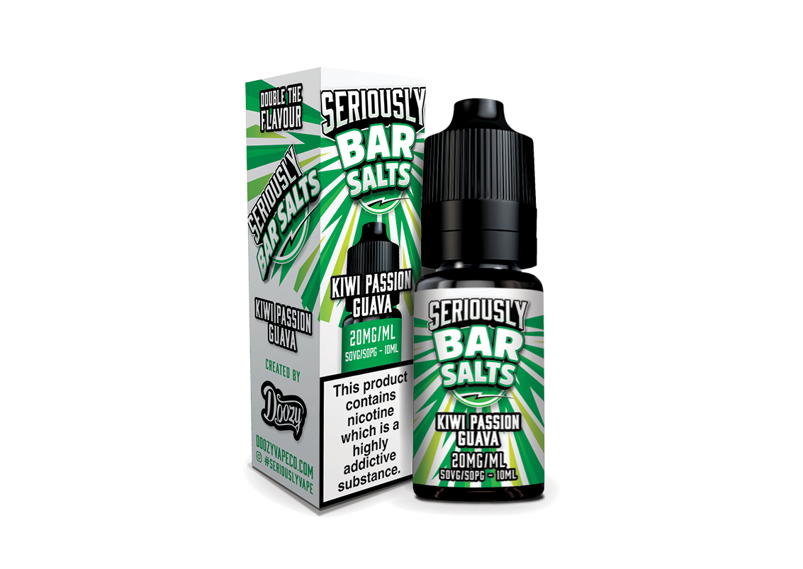 Seriously Bar Salts Kiwi Passion Guava vape juice bottle and packaging on a white background