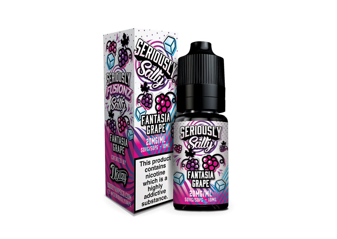 Seriously Salty Fantasia Grape vape juice packaging and bottle on a white background