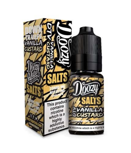 Doozy Vanilla Custard nicotine salt packaging with bottle on a white background