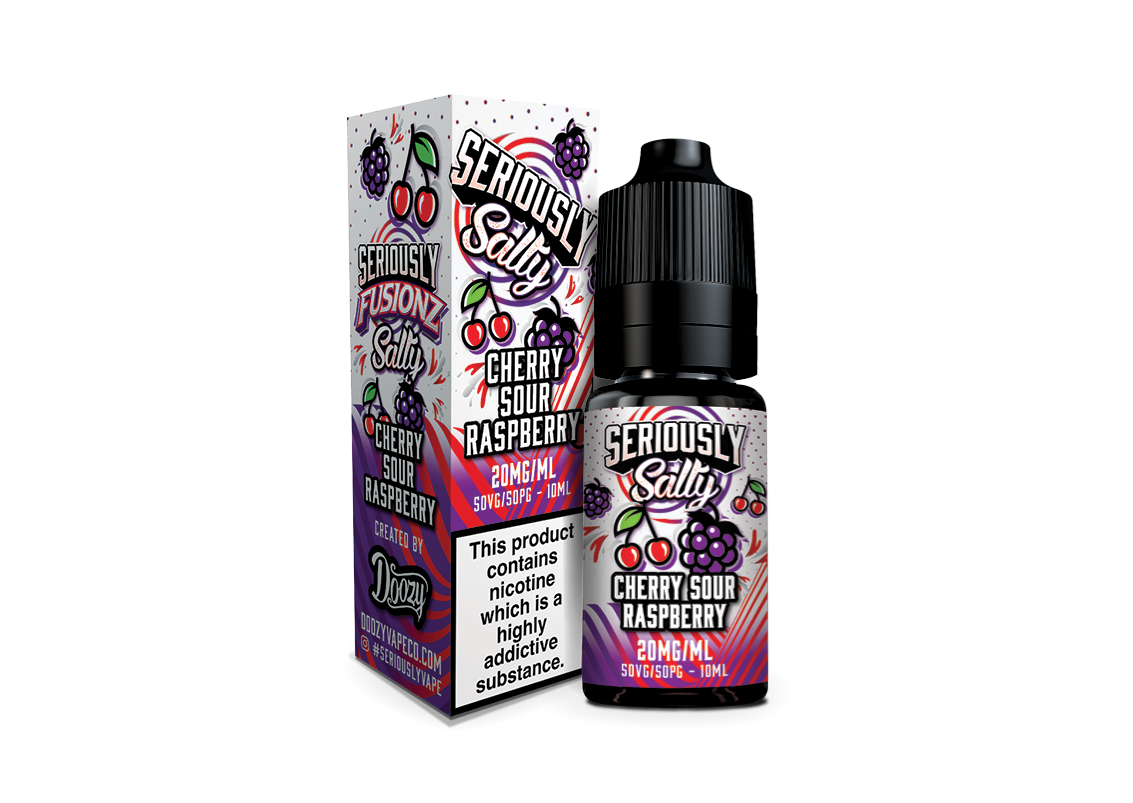 Seriously Salty Cherry Sour Raspberry vape juice bottle and packaging on a white background