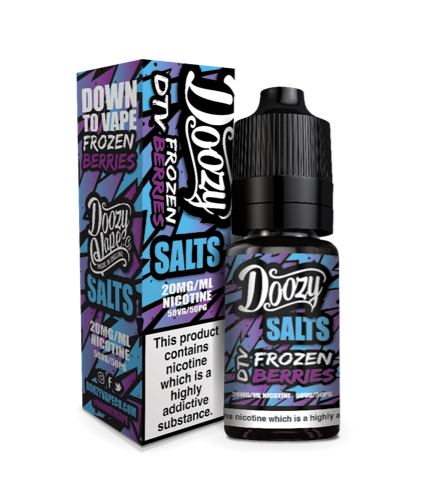 Doozy e-liquid bottle and packaging with 'Frozen Berries' flavor on a white background