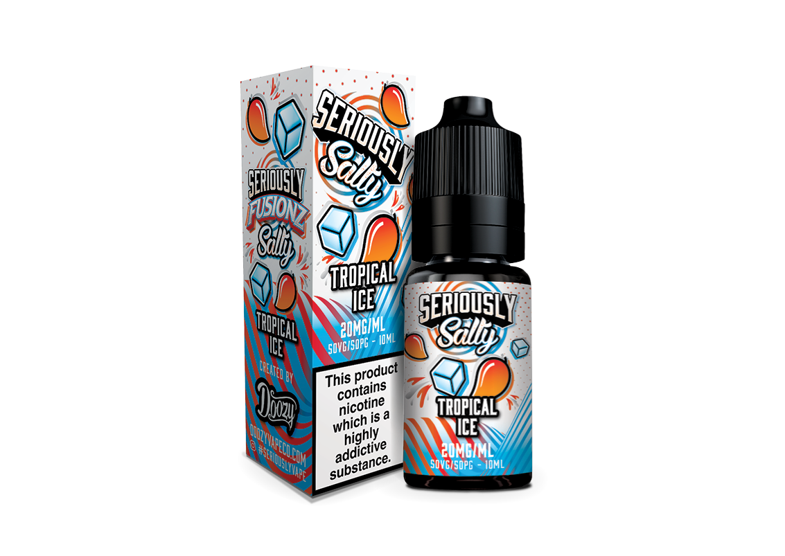 Seriously Salty Tropical Ice vape juice bottle and packaging on a white background