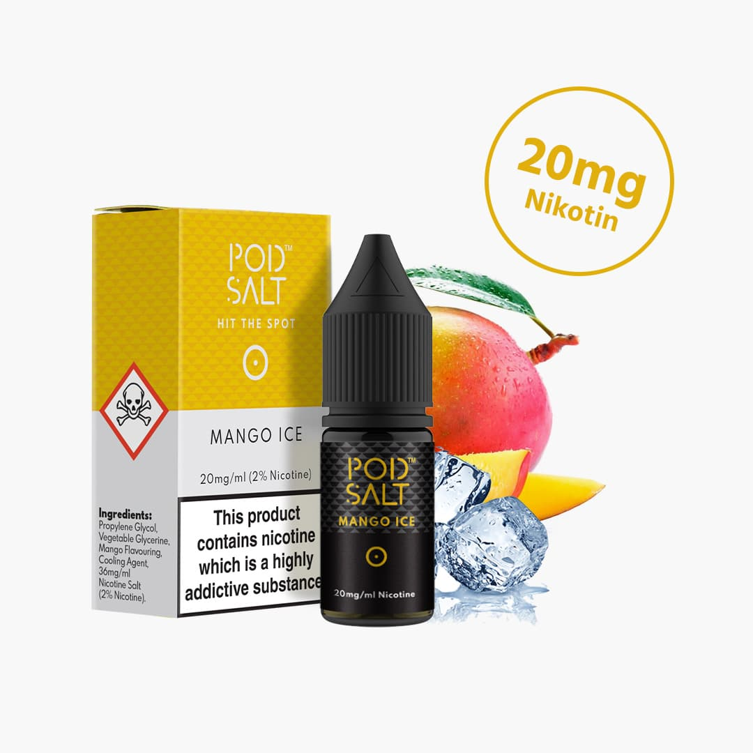 Pod Salt Mango Ice vape juice packaging with nicotine information on a white background