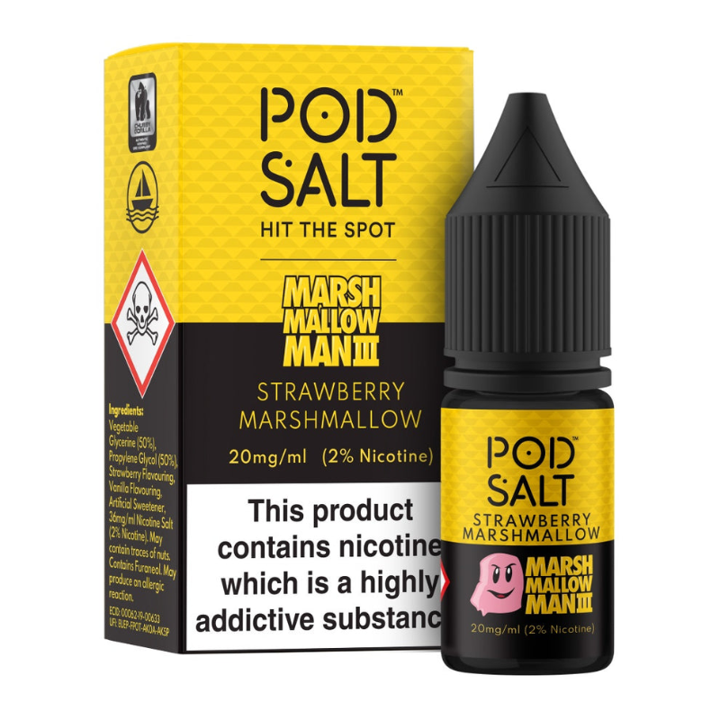 Pod Salt Strawberry Marshmallow e-liquid bottle and packaging on a white background