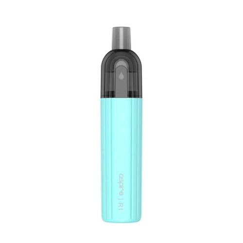 Turquoise vape device with black top on a white background