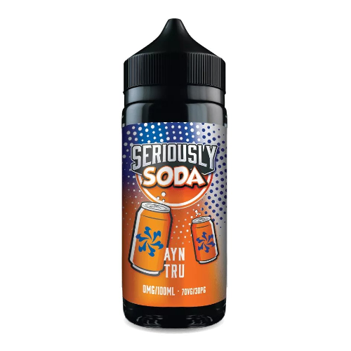 Seriously Soda bottle with colorful label on a white background