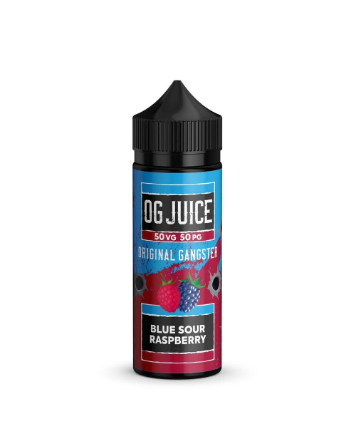 Bottle of OG Juice Blue Sour Raspberry e-liquid on a white background