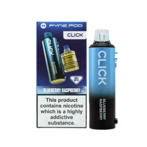 Click vape device and packaging with blueberry raspberry flavor on a white background