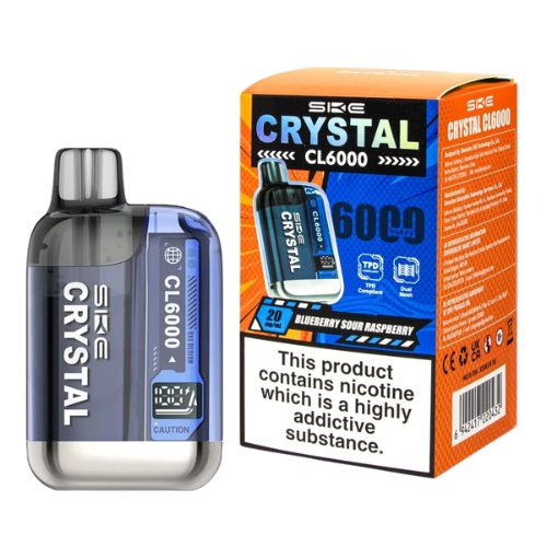  BLUEBERRY SOUR RASPBERRY SKE Crystal CL6000 Pod Kit – Rechargeable 6000 Puff Vape, 20mg Nic Salt, Dual Mesh Coil, USB-C