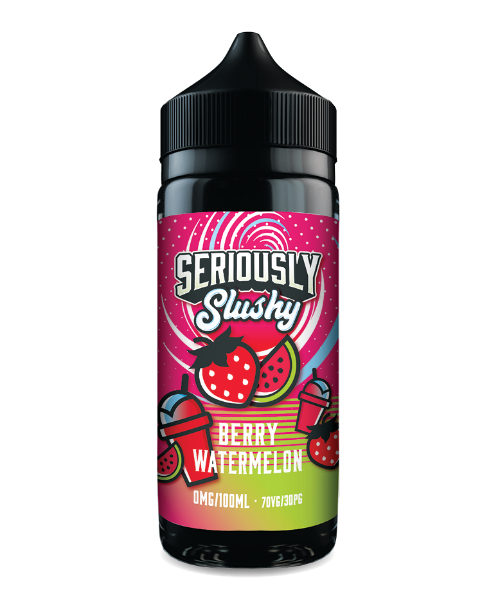 Berry watermelon flavored liquid bottle with colorful label on a white background