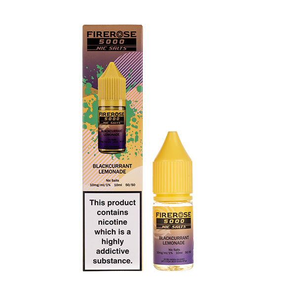Firerose 5000 Nic Shots Blackcurrant Lemonade bottle and packaging on a white background