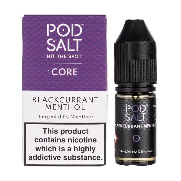 Pod Salt Blackcurrant Menthol e-liquid bottle and packaging on a white background