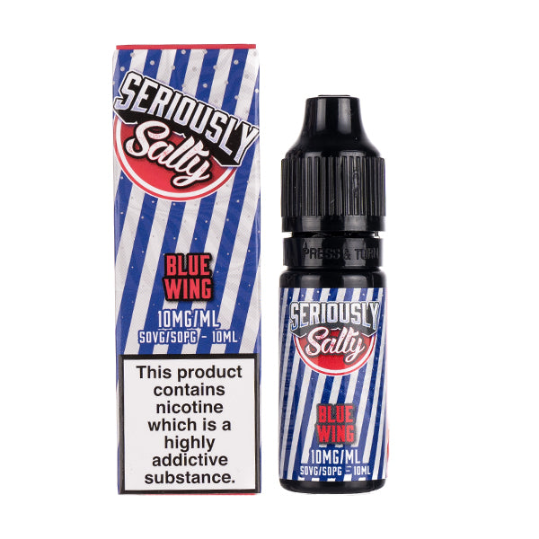 Seriously Salty Blue Wing vape juice bottle and packaging on a white background