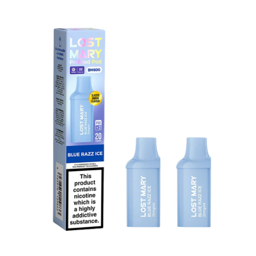 Lost Mary Blue Razz Ice vape device and packaging on a white background