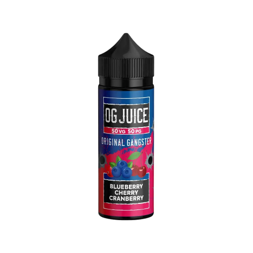 Bottle of OG Juice Original Gangster Blueberry Cherry Cranberry e-liquid on a white background