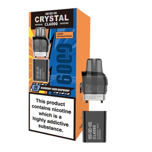 SKE Crystal CL6000 vape device and packaging on a white background- CRYSTAL CL6000 POD Blueberry_Sour_Raspberry