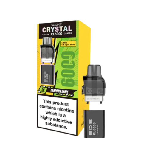 E-liquid vape device and packaging with 'Crystal' branding on a white background - CRYSTAL CL6000 POD Lemon_Lime 