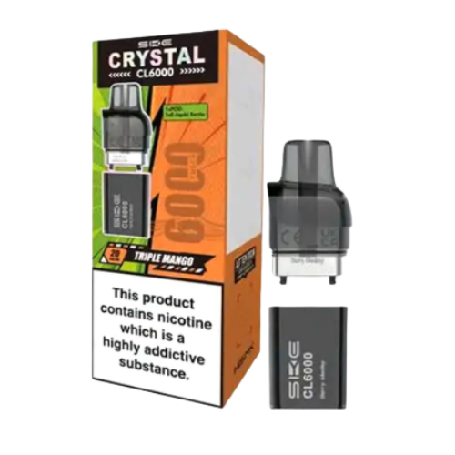 Vape device and packaging with 'Crystal' branding on a white background - CRYSTAL CL6000 POD Triple_mango